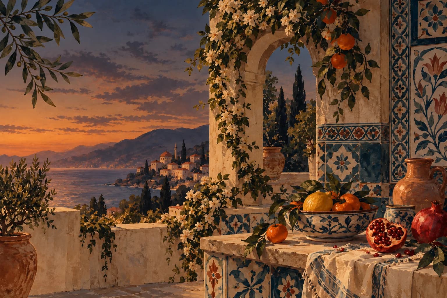 A painted tiled courtyard: an arch onto cypress trees and the sea, and a bowl of citrus and pomegranates, at dusk